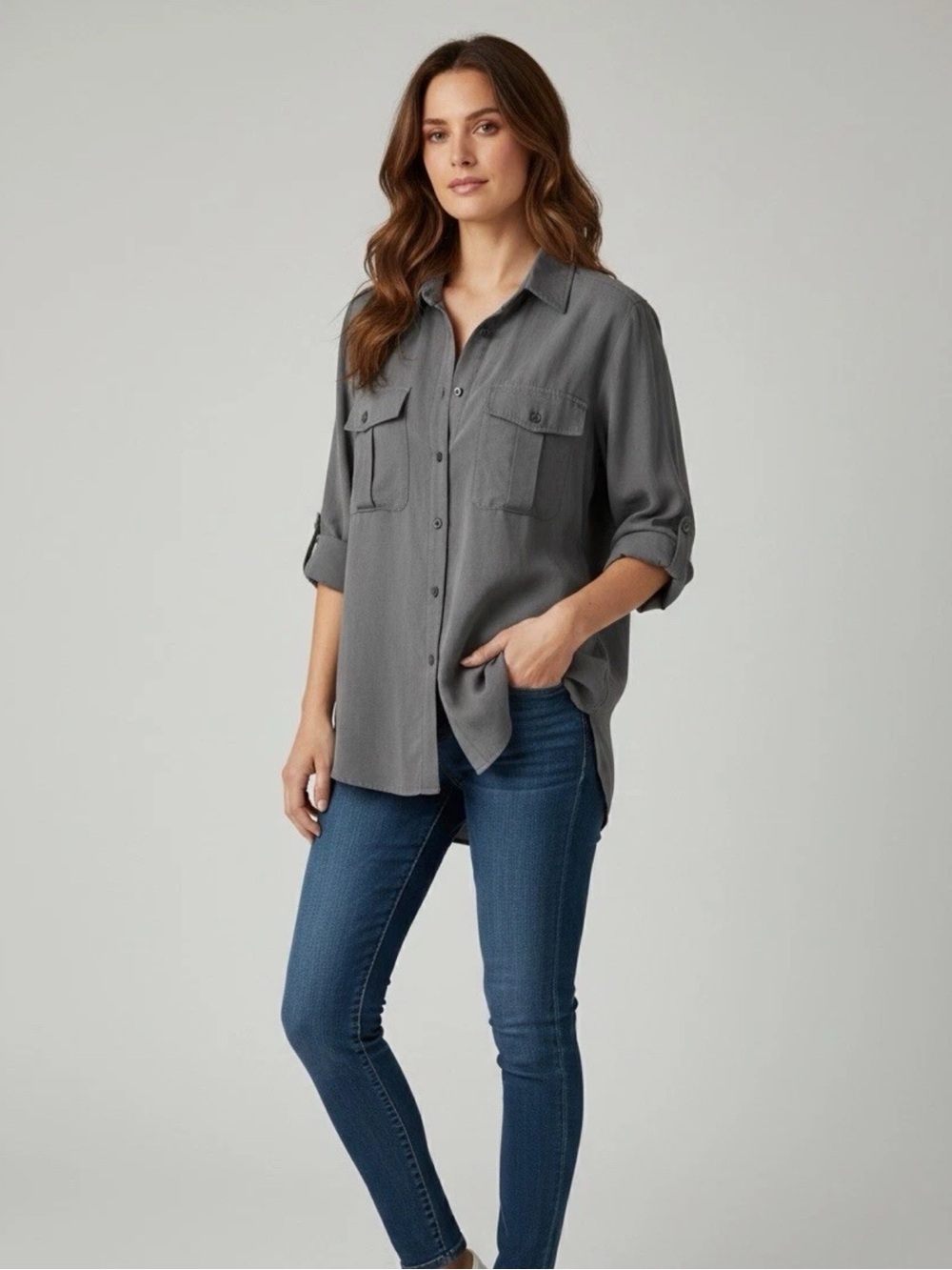 Chicos Women’s Size XL (3) Long Roll Tab Sleeve Solid Gray Button Down Shirt